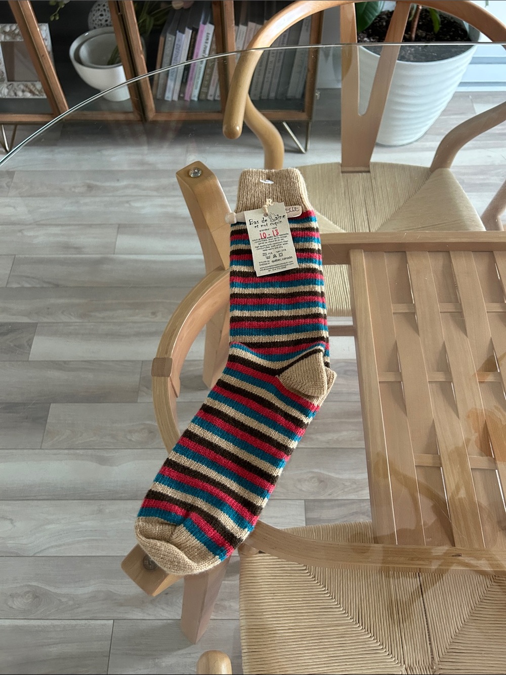 New Hand Knit in Quebec Wool Striped Cotton Blend Crew Socks for Men